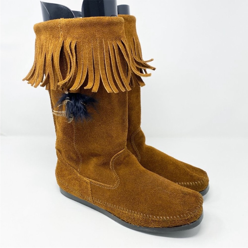 Minnetonka Brown Suede Fringe Mid Calf Moccasin Boots 12 Pull On Feather Accent